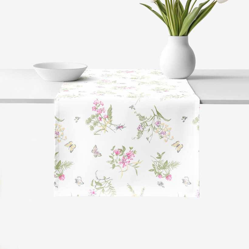 Tafelloper 100% katoen renforcé - Kleurrijke veldbloemen op wit