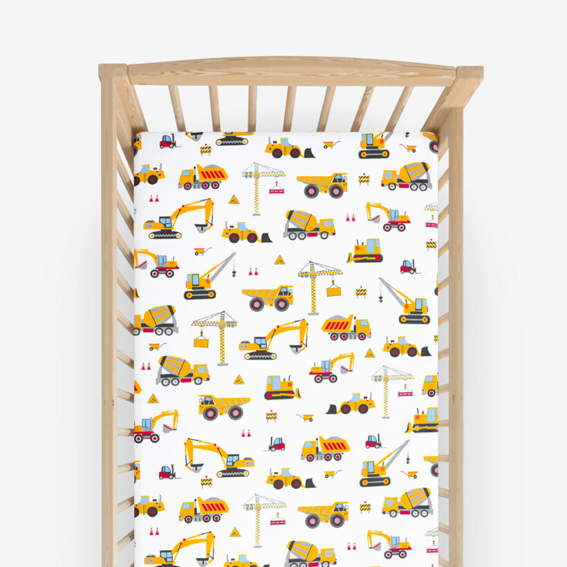 Katoenen hoeslaken voor een babybedje - Vrachtwagens en graafmachines