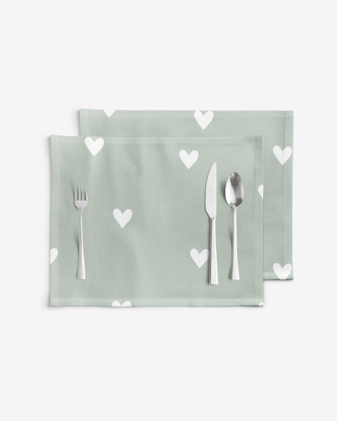 Placemat voor op tafel 100% katoen renforcé - Hartjes op saliegroen - set 2 stuks