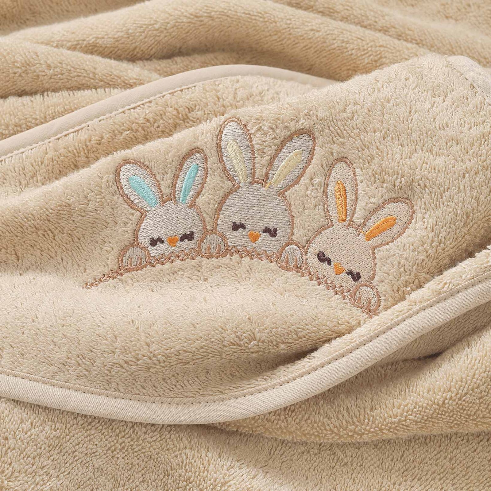 Badstof kinderbadhanddoek met capuchon - Konijntjes op beige
