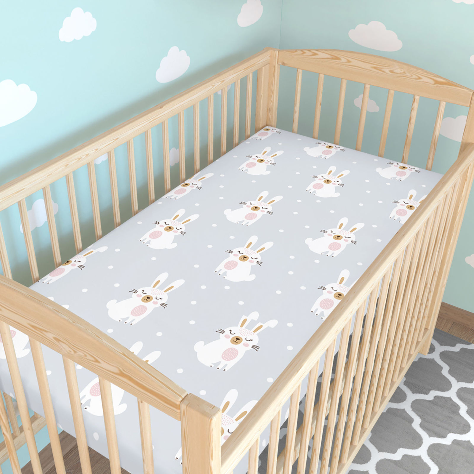 Katoenen hoeslaken voor het babybedje - Dromerige konijntjes