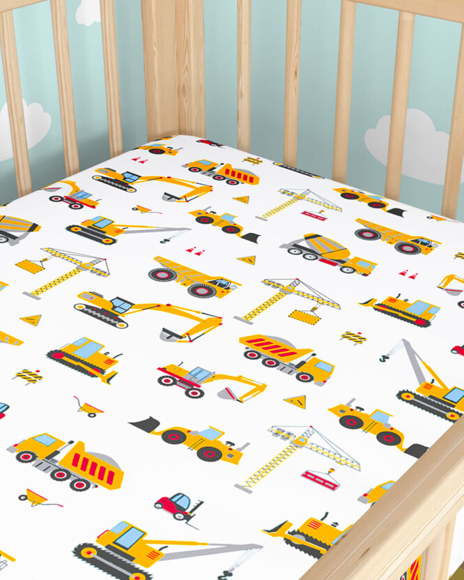Katoenen hoeslaken voor een babybedje - Vrachtwagens en graafmachines