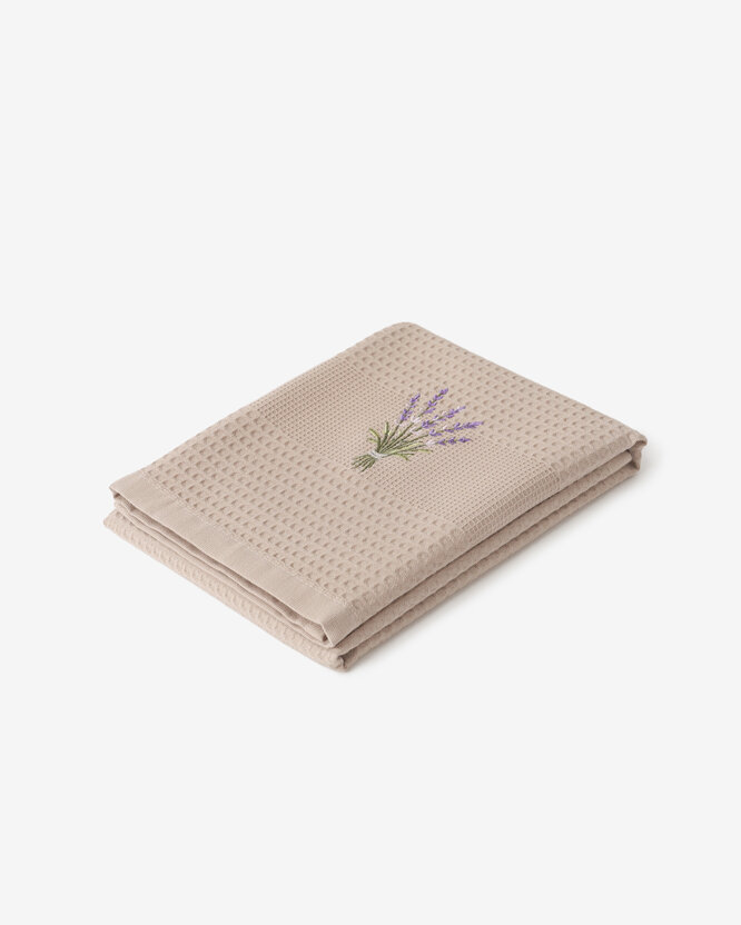 Geborduurde theedoek wafeldoek voor de keuken - Lavendel op bruin