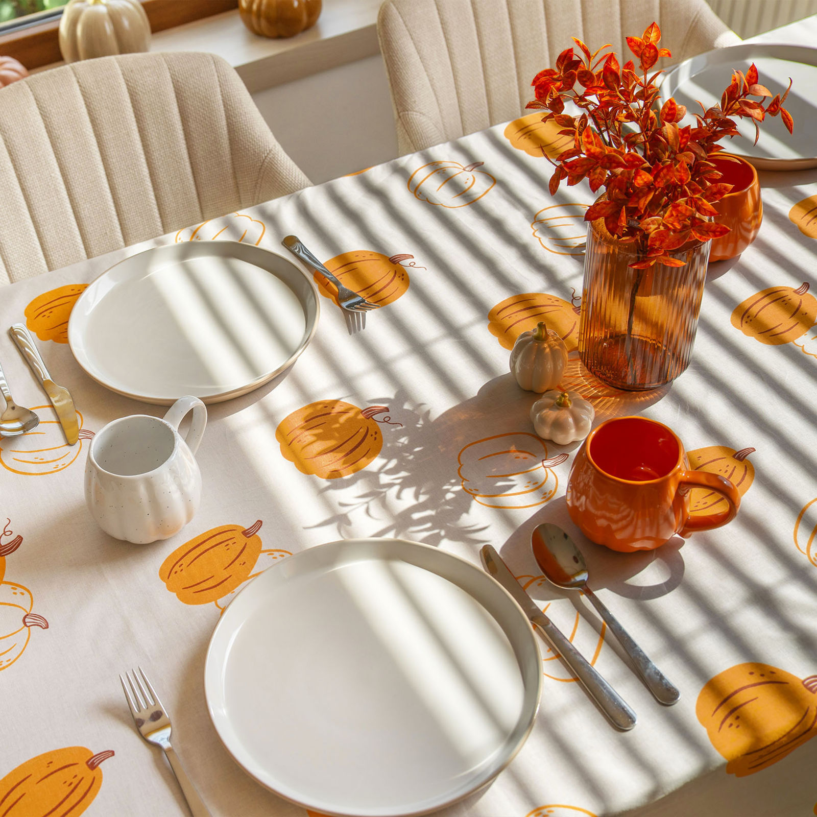 Hoekig tafelkleed 100% katoen renforcé - Herfst pompoen