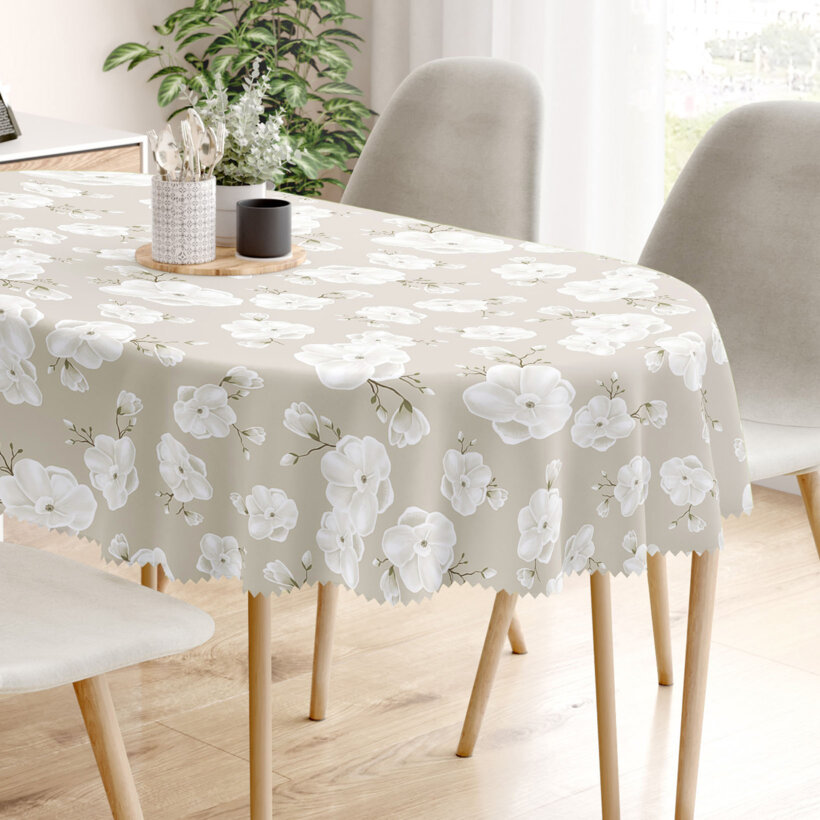 Ovaal teflon tafelkleed - Witte bloemen