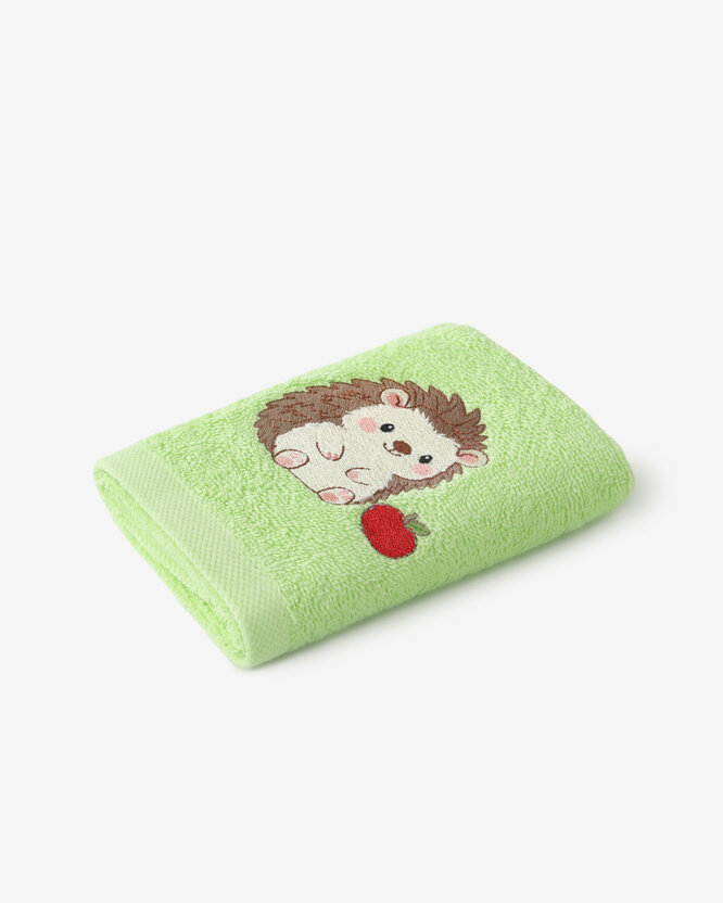 Kinder badstof handdoek - Egel met appeltje op groen